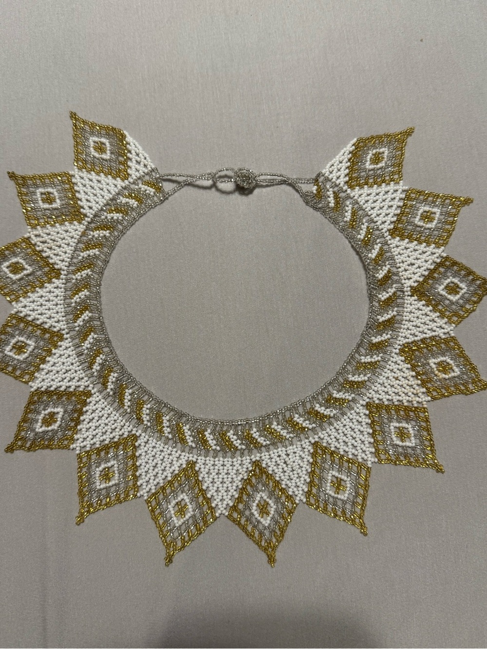 White & Gold Geometric Beaded Collar Necklace